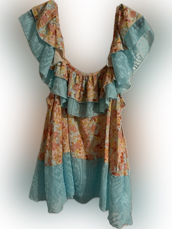 Sugarfox Tops - Sugarfox Floral Ruffle Tank Top in Aqua and Peach - Size S, NWT